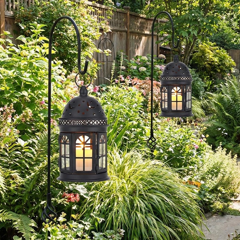 JHY DESIGN Set of 2 Decorative Lanterns-8.5inch High Vintage Style Hanging Lantern Metal Candle Holder for Indoor Outdoor Events Parities and Weddings (Black) - Image 2